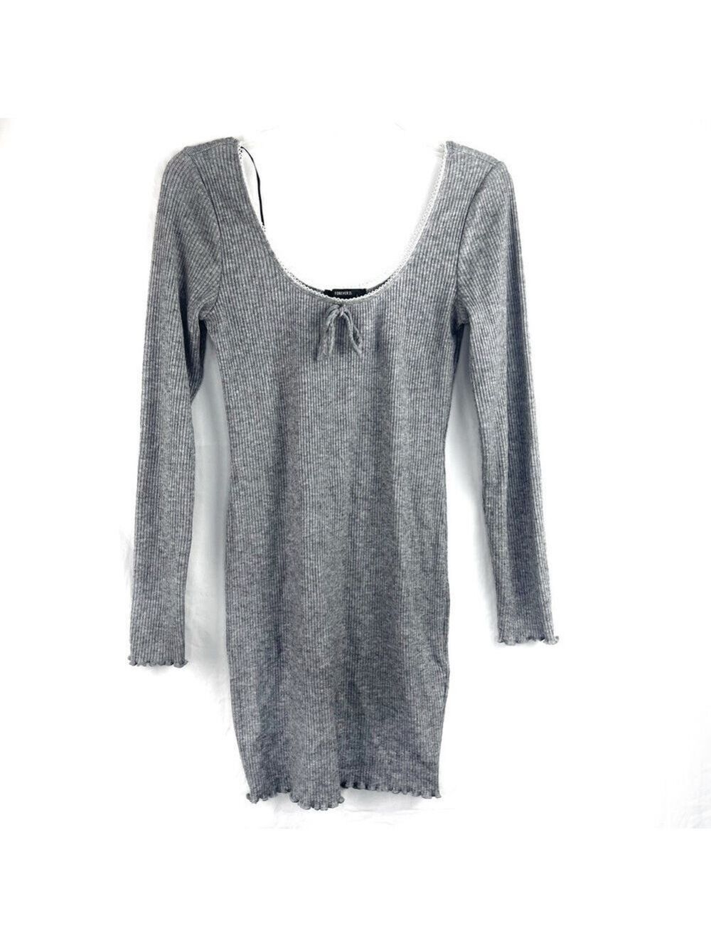 NEW-FOREVER 21 Fitted, Rib Knit, BodyCon, Scoop Neck, Self-Tie Accent Mini Dress